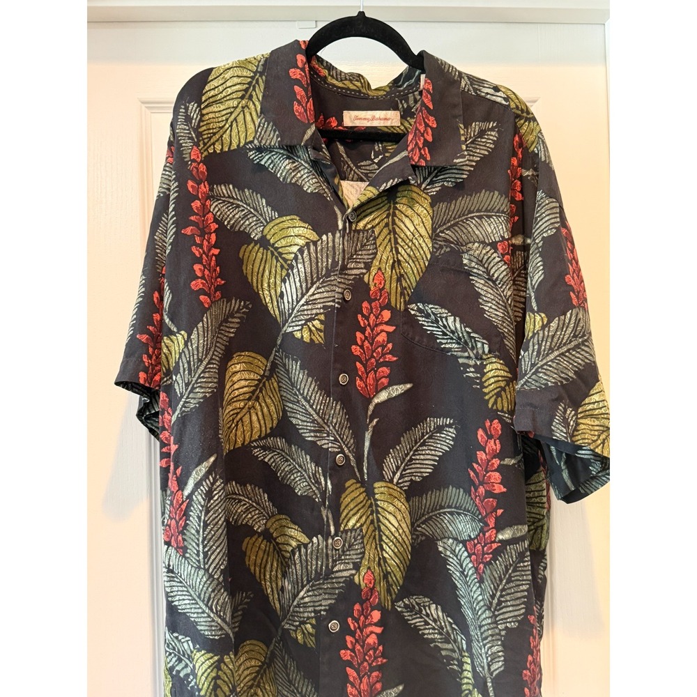 Tommy Bahama Shirt Mens Size XL Black Silk Bamboo Print Casual Camp Button Up